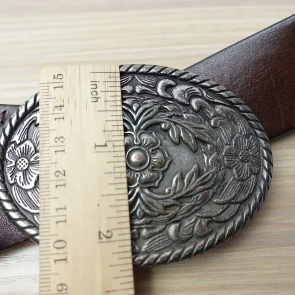 VINTAGE Cowboy Brown Leather Belt Men 46 XXL EDDIE BAUER Western Buckle USA RARE